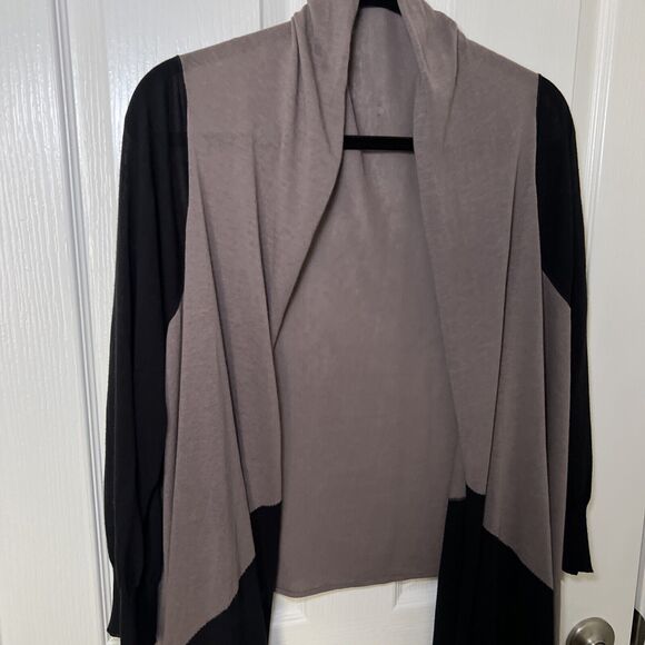 Drape Front Open Cardigan Sweater Wrap Women M/L Tan Black Colorblock Waterfall - Picture 2 of 10